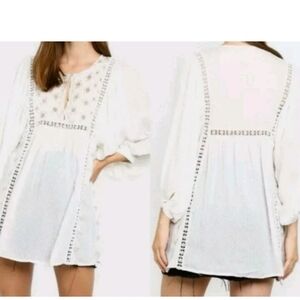 Free People Charlotte Top Size Small Embroidered Keyhole Ivory Women's